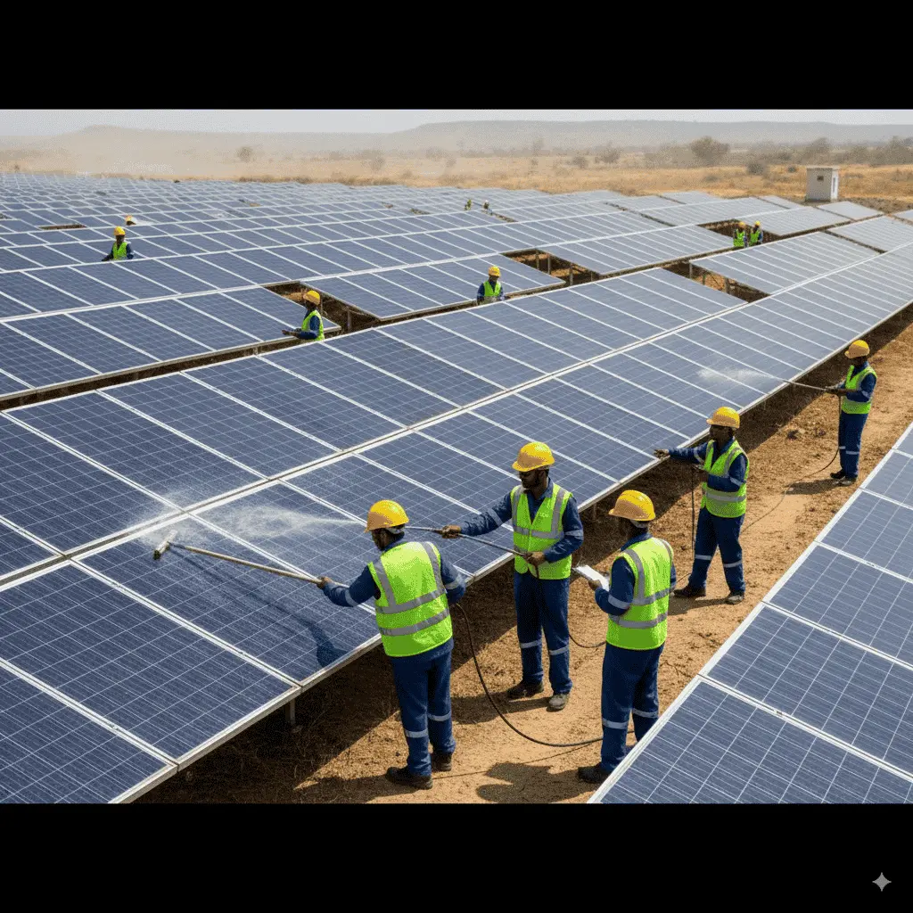 Workers in safety gear cleaning and maintaining a large industrial solar panel installation in a dry landscape.
