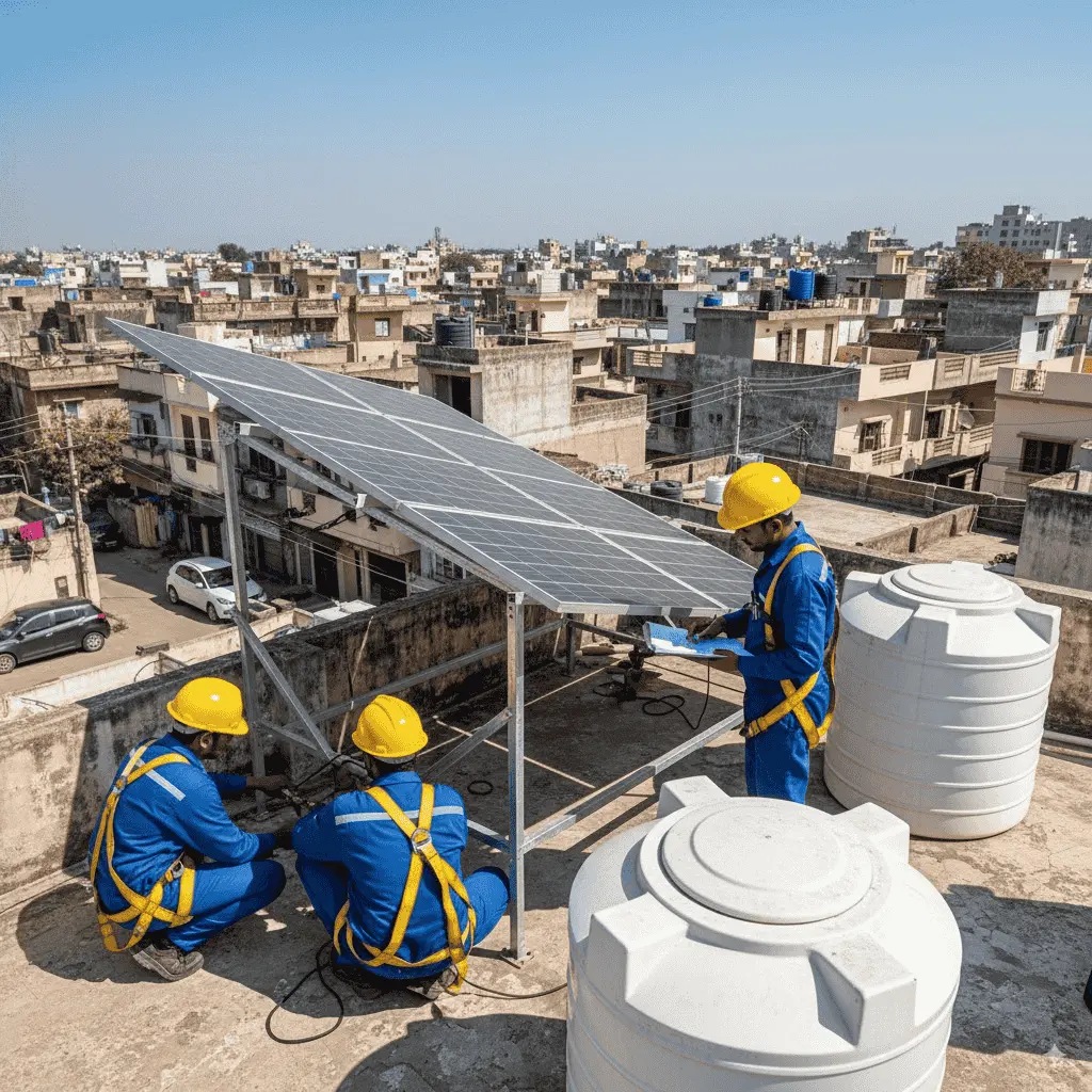 Three technicians installing residential solar panels on a rooftop in an urban Indian neighborhood.
