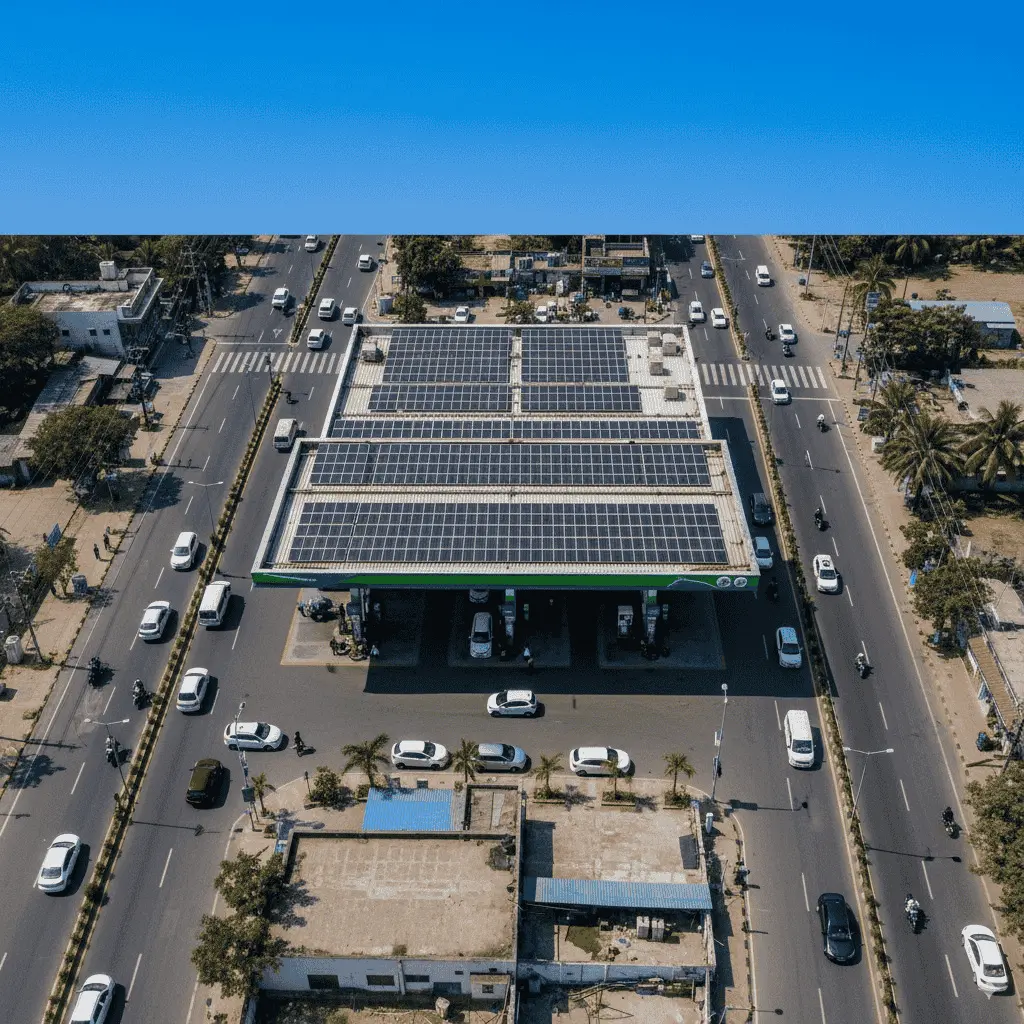 Commercial solar panel installation on a fuel station rooftop surrounded by busy city roads in India.