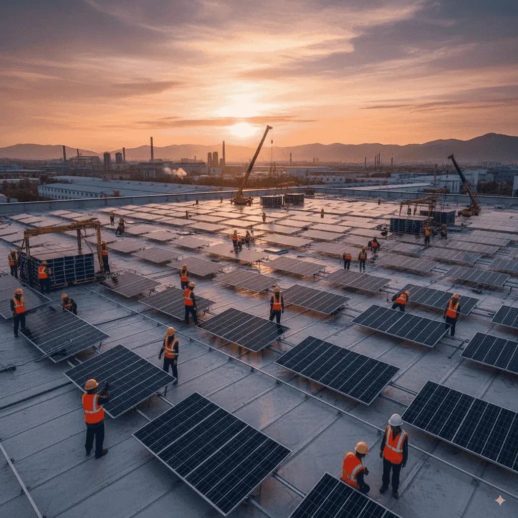 Workers and cranes completing a large-scale industrial solar panel installation on a factory rooftop at sunset.