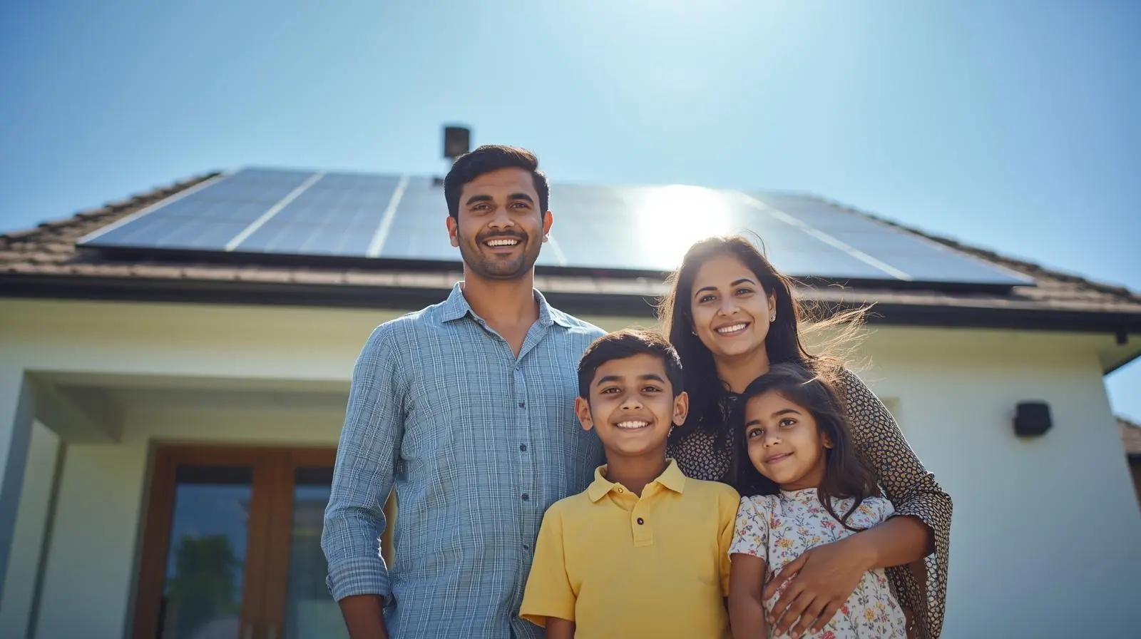 Happy family standing outside home showcasing Residential solar panel installation on rooftop